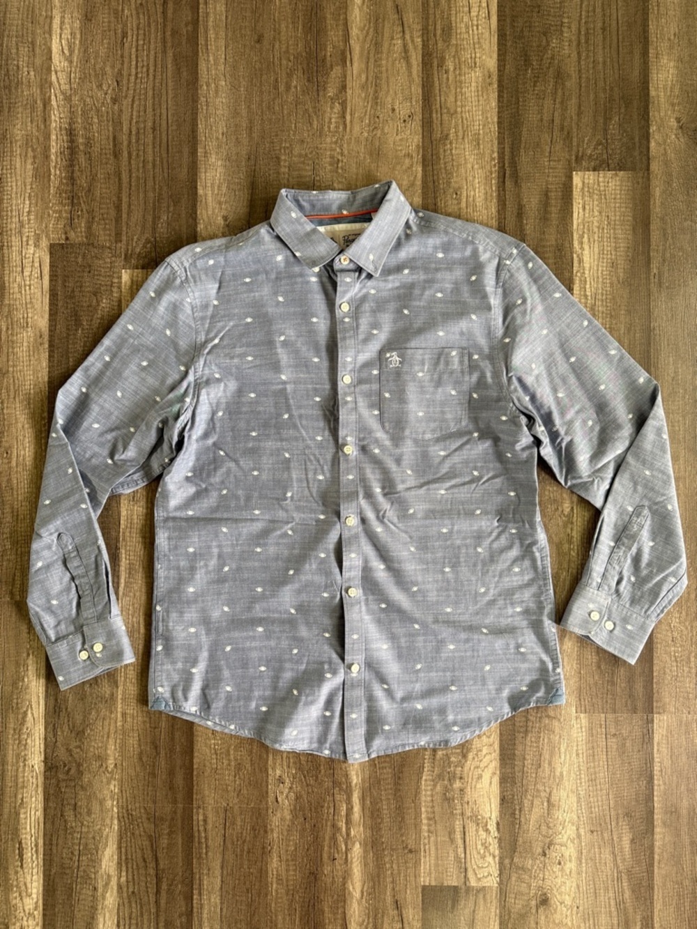 Penguin Shirt Blue Cotton Long Sleeve Button-Up Shirt Football Print Size Medium
